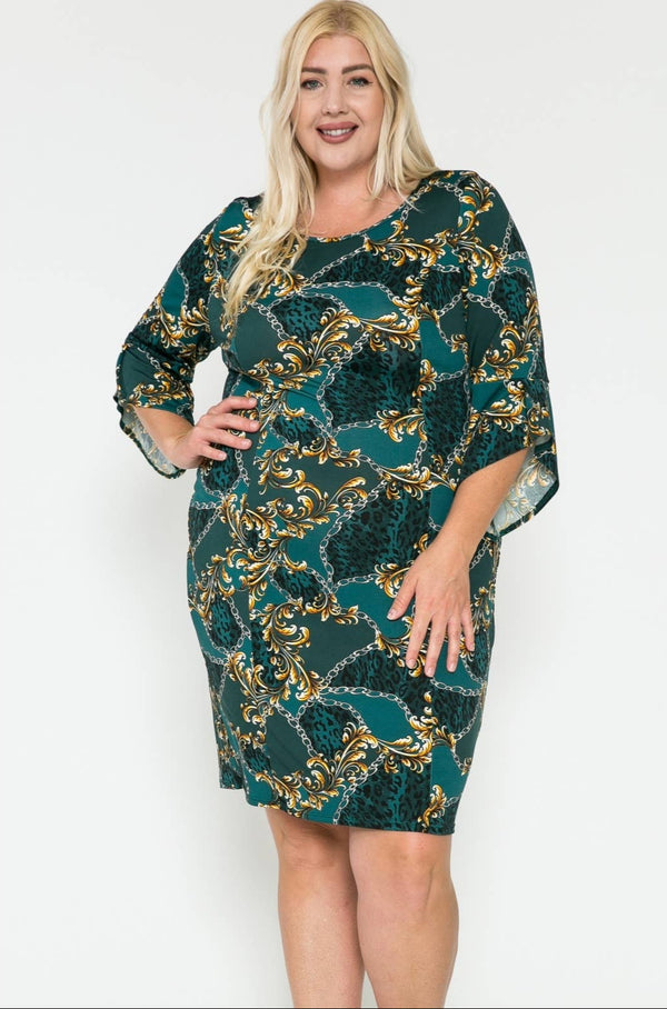 Plus Size Fall Elegant Midi Dress: 1X / TEAL
