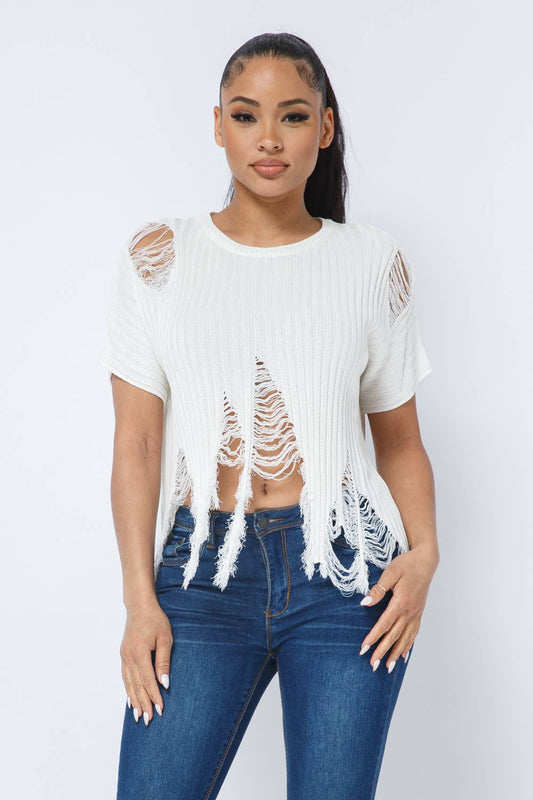 Wide Scoop Short Sleeve Distressed Sweater