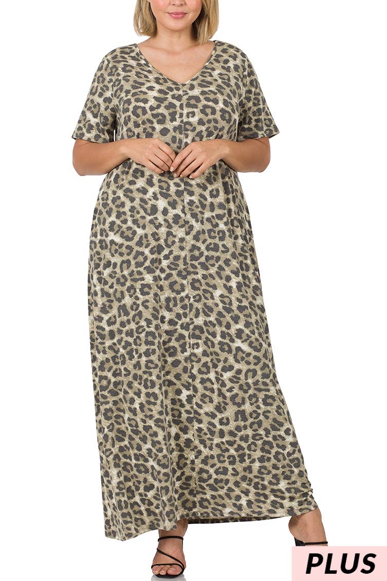 Plus Leopard V-neck Short Sleeve Maxi Dress