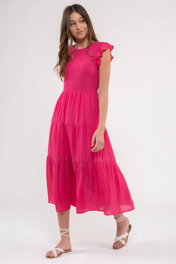 SMOCKED TIERED MIDI DRESS