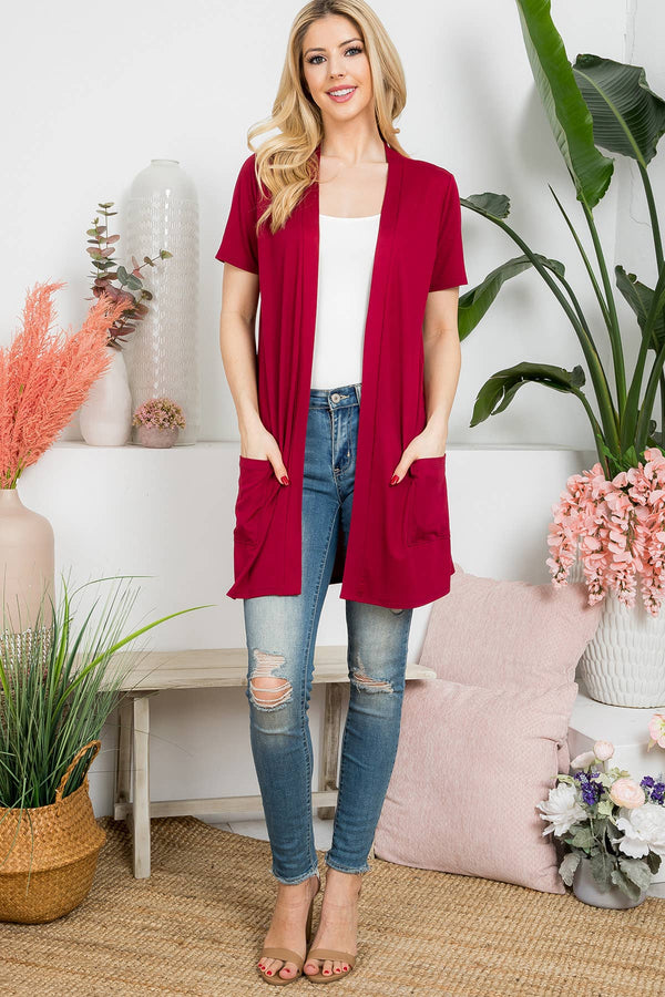YMC30008V-SHORT SLEEVE OPEN FRONT SOLID CARDIGAN