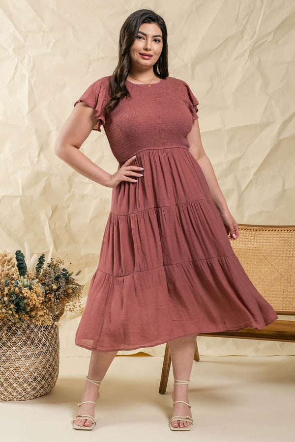 PLUS SMOCKED TIERED MIDI DRESS