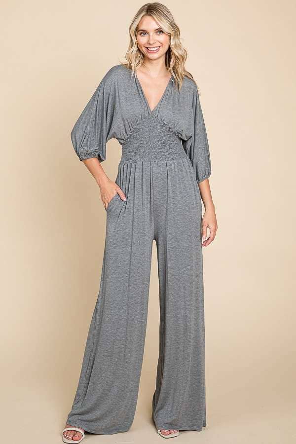 CAR1779Q-Smocking Waist Wide Jumpsuit