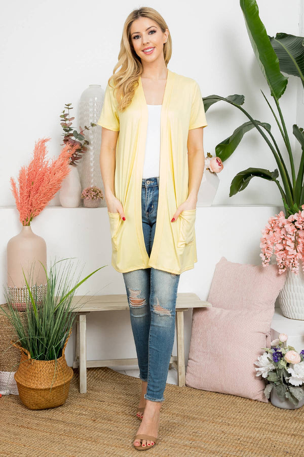 YMC30008V-SHORT SLEEVE OPEN FRONT SOLID CARDIGAN