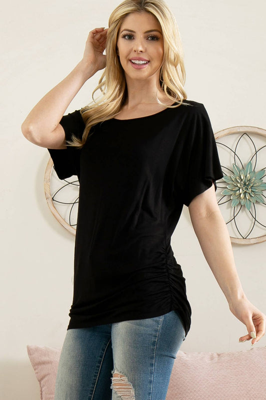 YMT20062-ELASTIC SLEEVE BAND ROUND NECK TOP